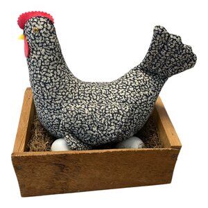 Vintage Handmade Fabric Hen in Wooden Nesting Box – Country Farmhouse Decor – St